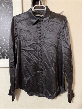 GO BY GO SILK Black Satin Button-Front Dress Shirt